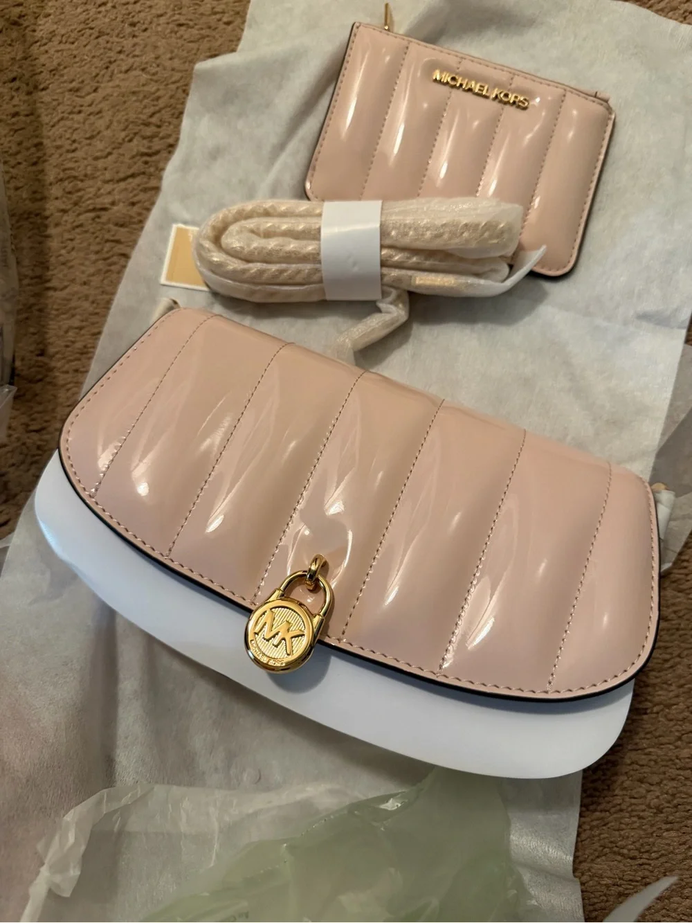 Michael Kors Pink Patent Quilted Crossbody with Gold Logo Charm